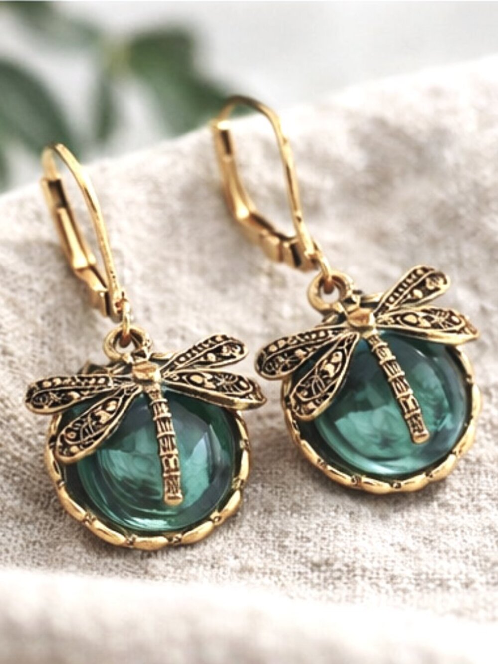 Vintage Dragonfly Green Crystal Drop Earrings • Boho Nature Inspired Jewelry